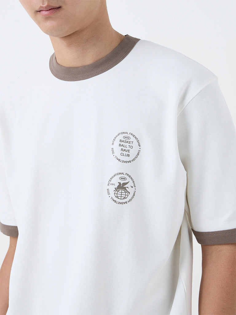 Studiofit Off-White Printed Relaxed-Fit Cotton-Blend T-Shirt