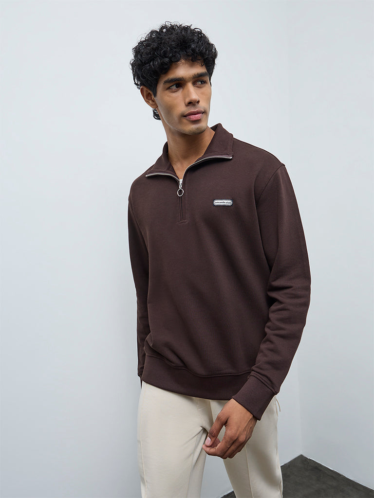 Nuoflexx Brown Patch-Detail Relaxed-Fit Cotton-Blend Quarter-Zip Sweatshirt