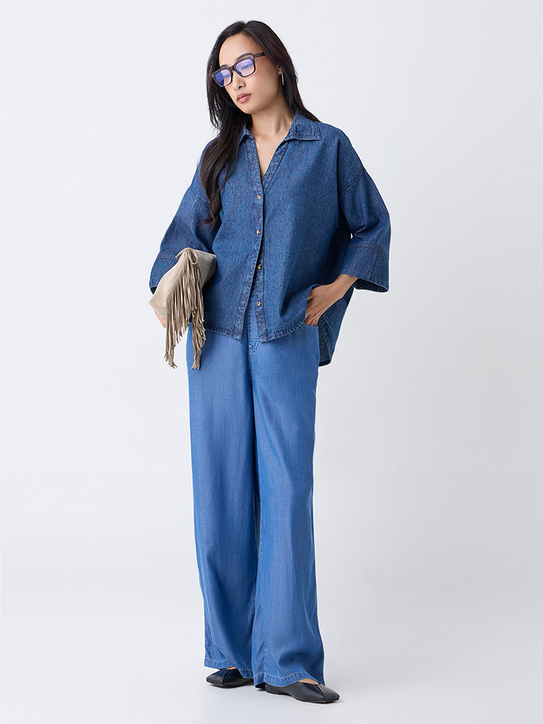 LOV Blue High-Rise Flared Chambray Pants