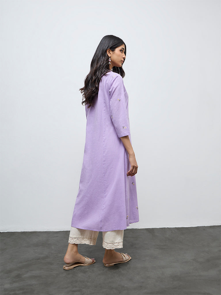 Utsa Purple Floral Embroidered Cotton A-Line Kurta