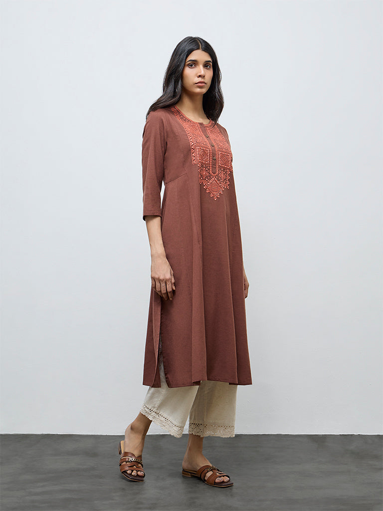 Utsa Brown Embroidered Cotton-Blend A-Line Kurta