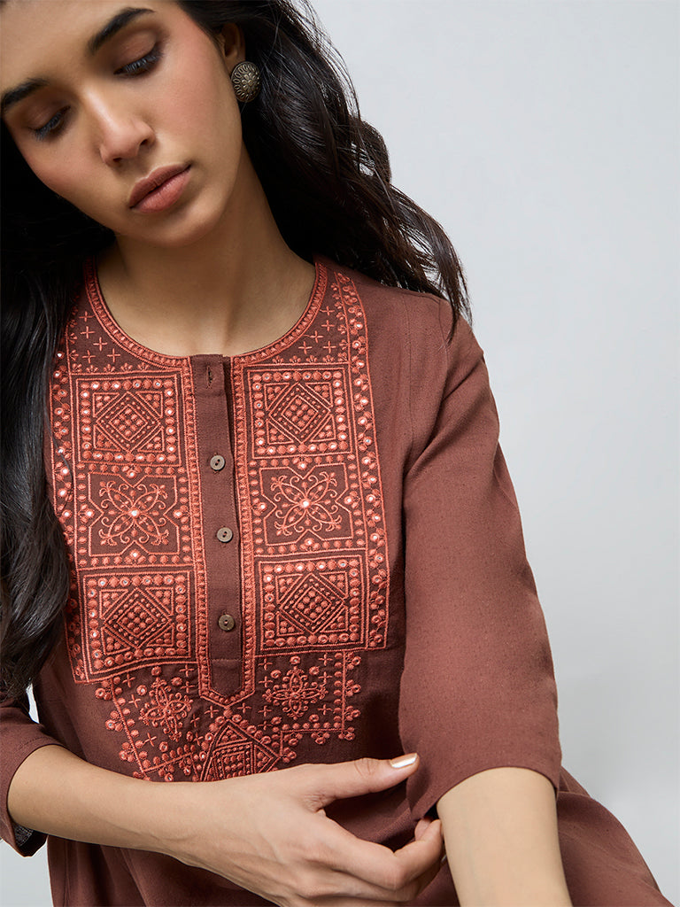 Utsa Brown Embroidered Cotton-Blend A-Line Kurta
