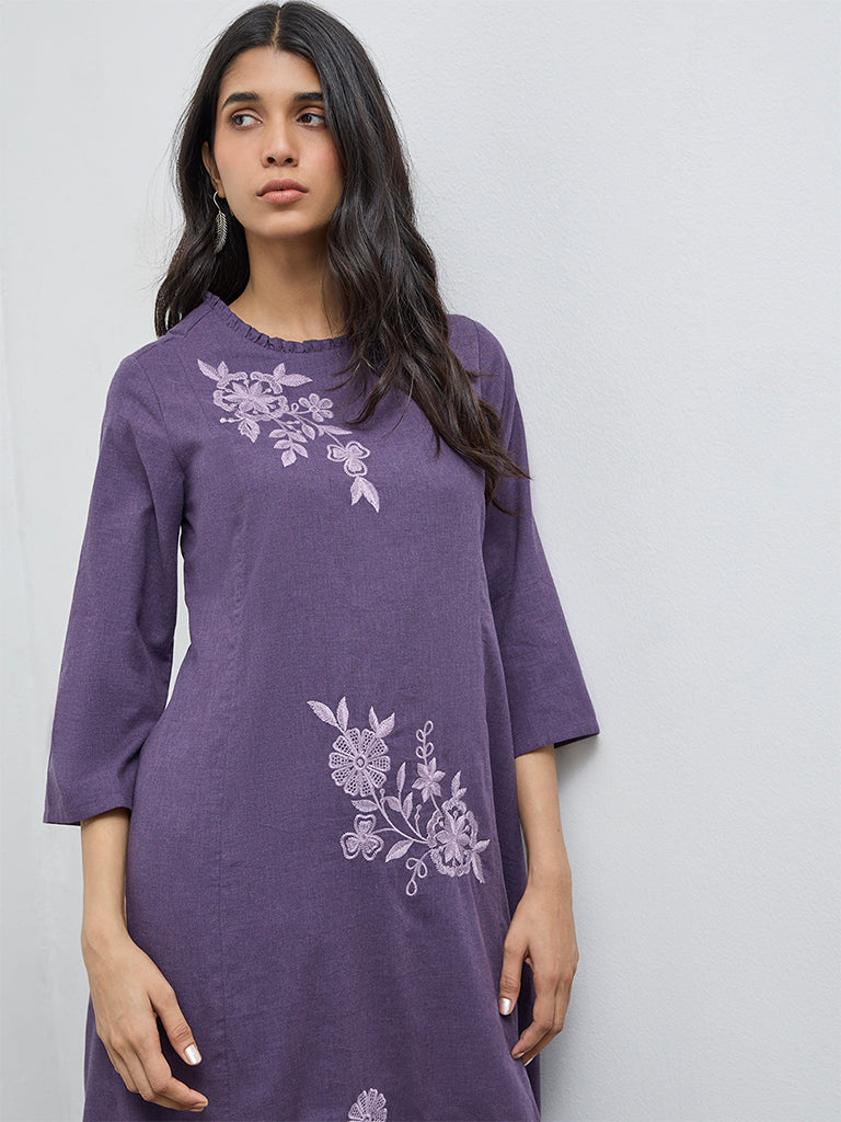 Utsa Purple Floral Embroidered A-Line Cotton Kurta