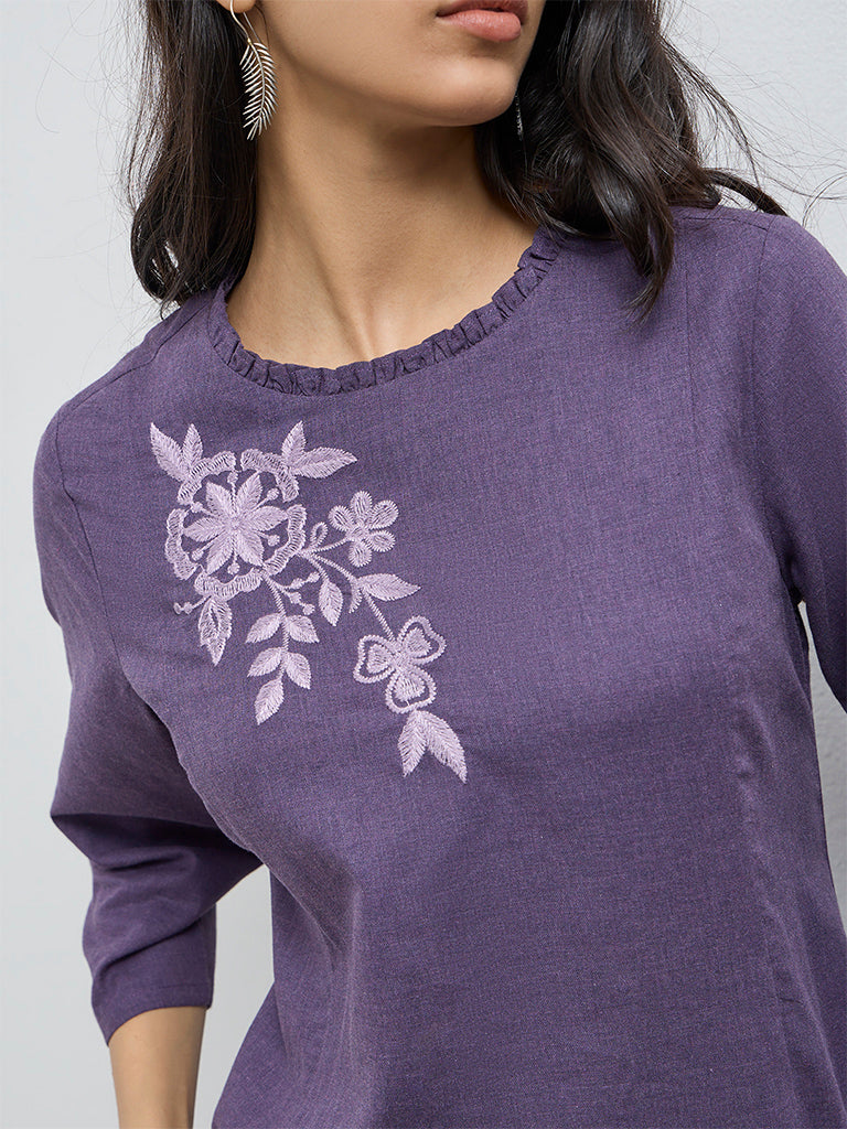 Utsa Purple Floral Embroidered A-Line Cotton Kurta