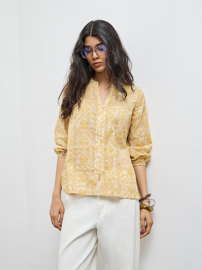 Utsa Yellow Printed Cotton Tunic