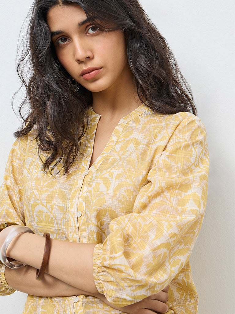 Utsa Yellow Printed Cotton Tunic