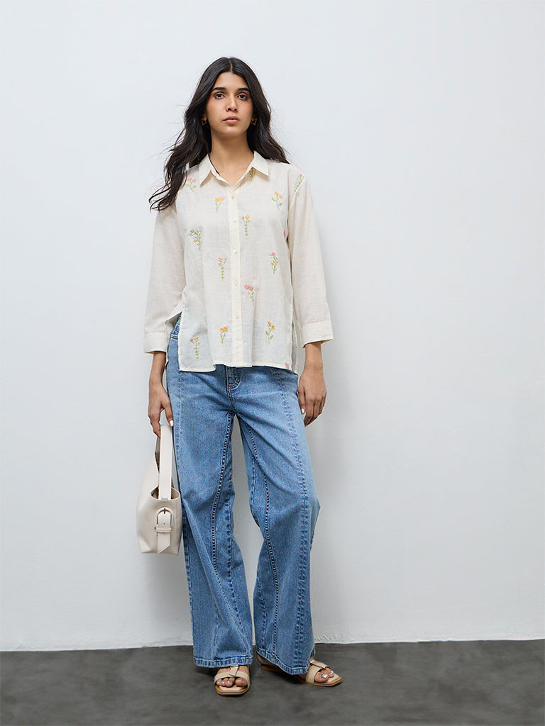 Utsa Cream Floral Embroidered Cotton Tunic
