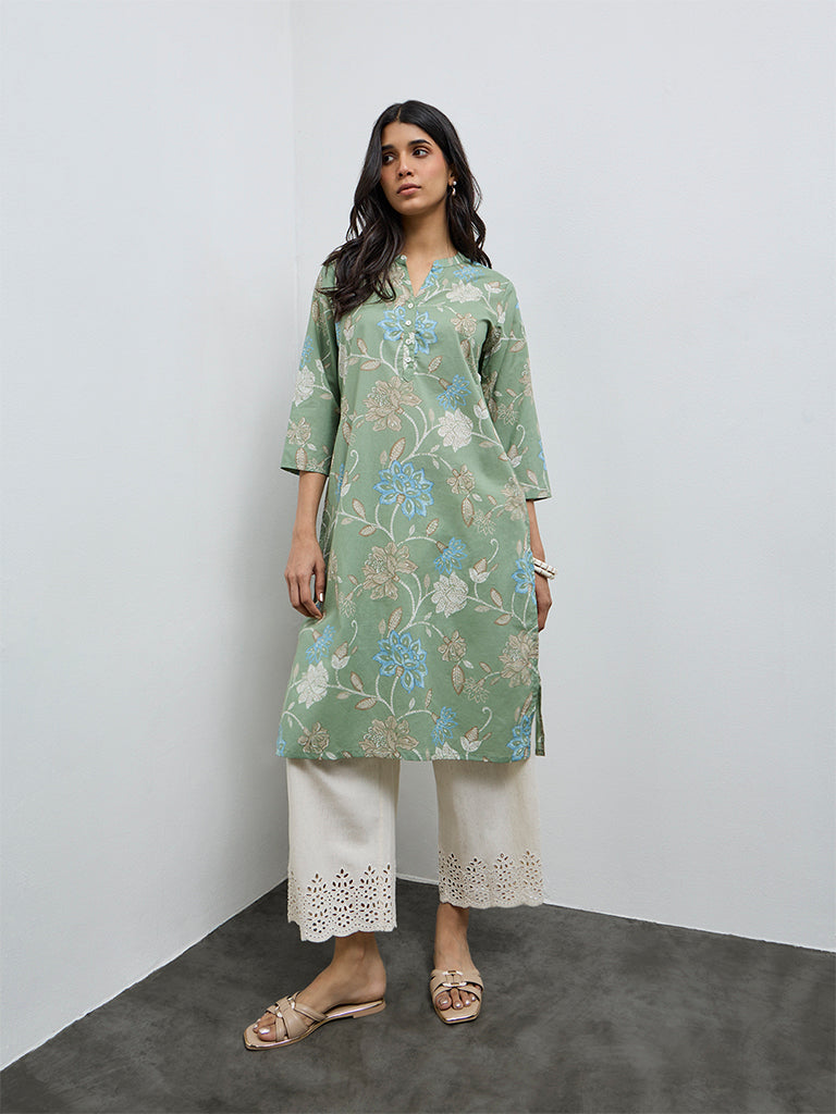 Utsa Green Floral Printed Cotton Straight Kurta