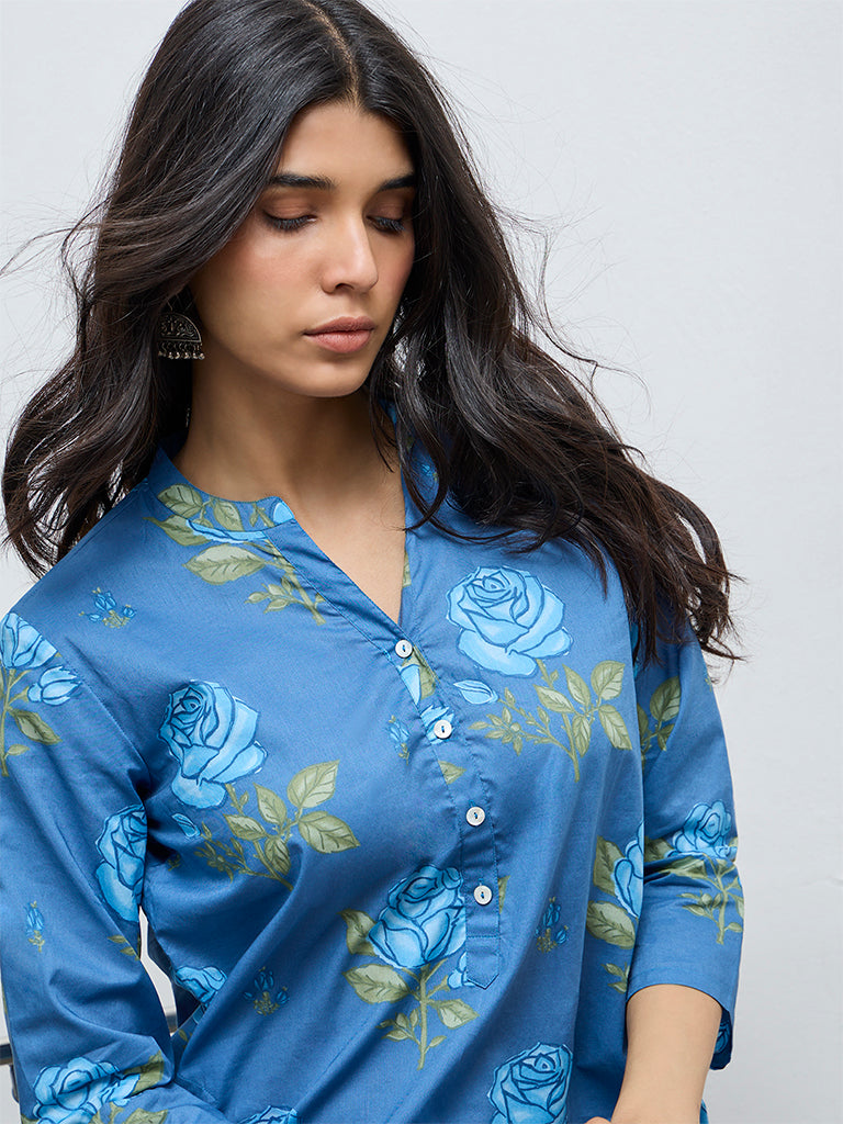 Utsa Dusty Blue Floral Printed Cotton Straight Kurta