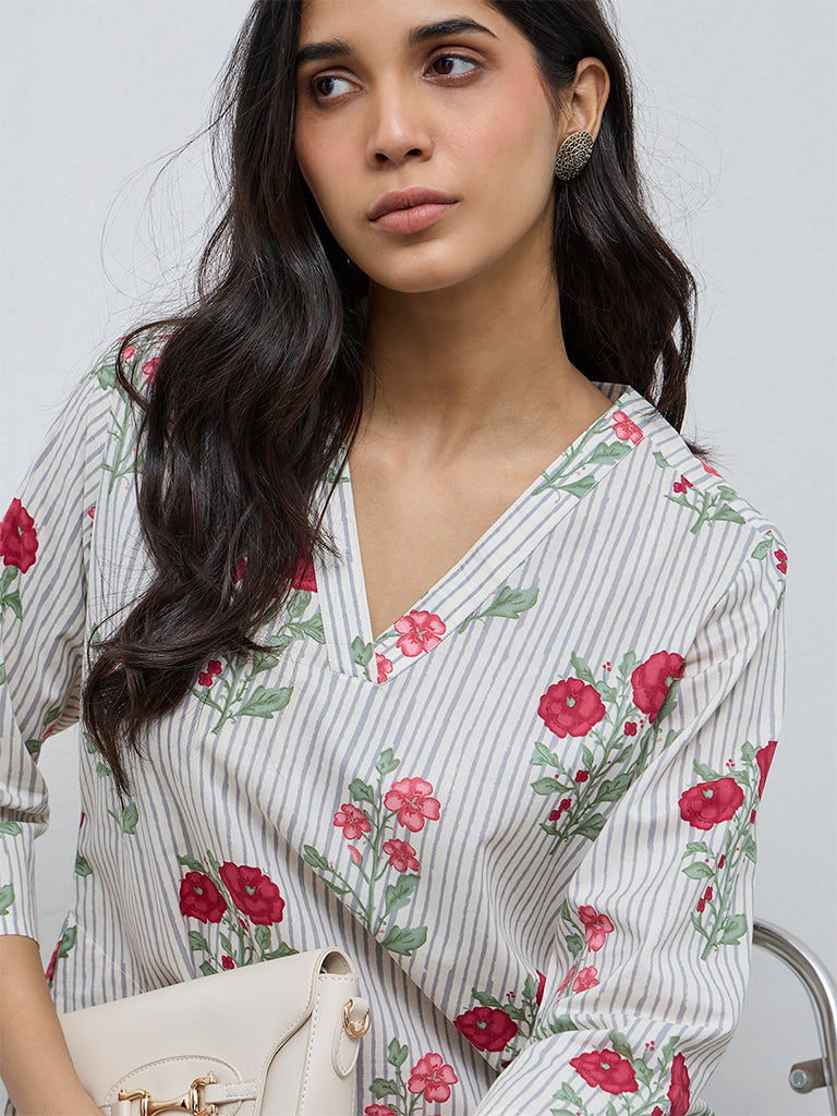Utsa Grey Floral Pattern Cotton A-Line Kurta