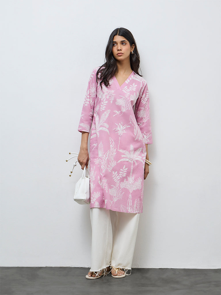 Utsa Pink Botanical Printed Cotton Straight Kurta