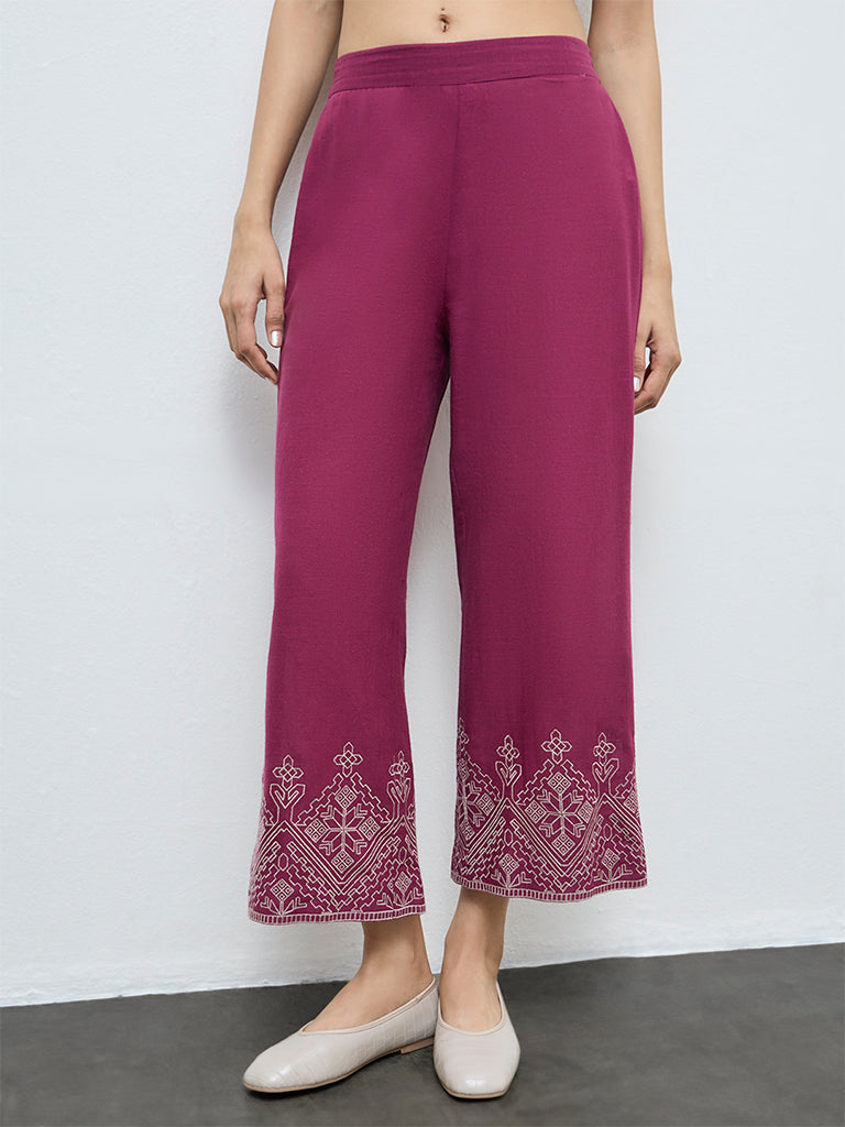 Utsa Magenta Embroidered Cotton Pants