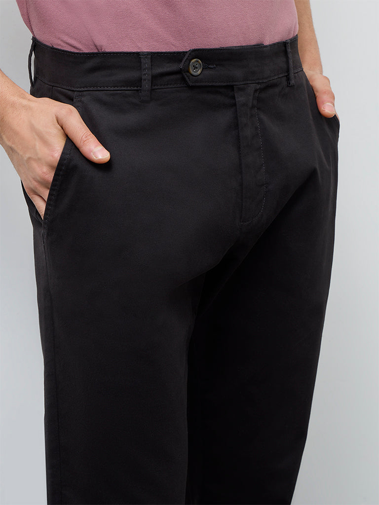 WES Casuals Black Relaxed-Fit Mid-Rise Cotton-Blend Trousers