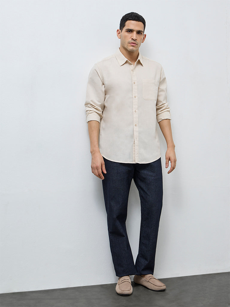 WES Casuals Beige Solid Relaxed-Fit Cotton-Blend Shirt