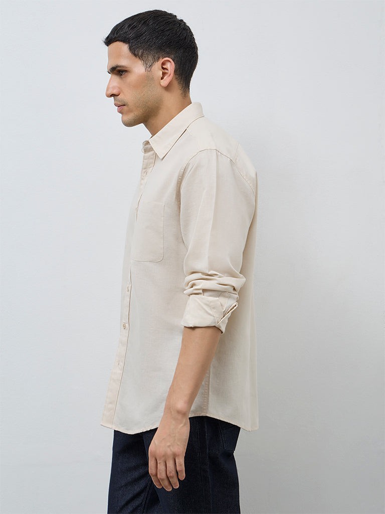 WES Casuals Beige Solid Relaxed-Fit Cotton-Blend Shirt