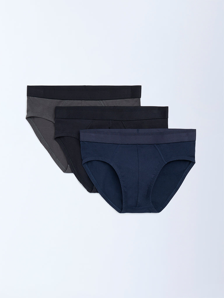 WES Lounge Navy Solid Cotton Briefs - Pack of 3