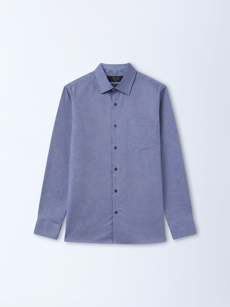 WES Formals Navy Solid Slim-Fit Cotton Shirt