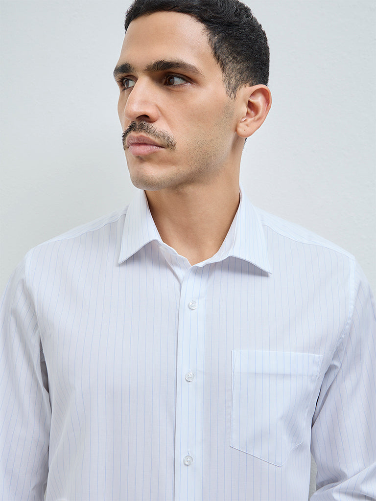 WES Formals Blue Striped Slim-Fit Cotton Shirt