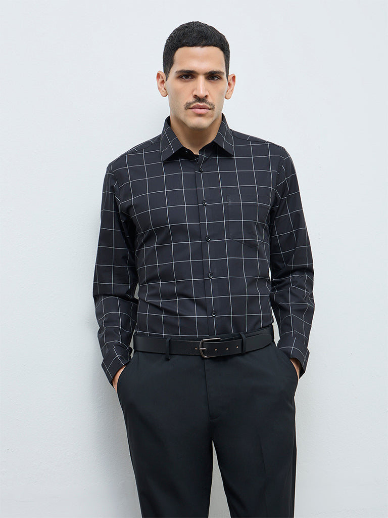 WES Formals Black Checked Ultra Slim-Fit Cotton Shirt