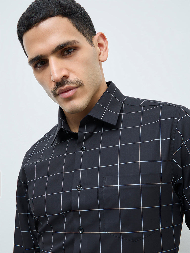 WES Formals Black Checked Ultra Slim-Fit Cotton Shirt