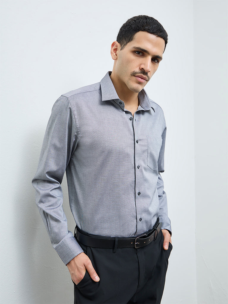 WES Formals Dark Grey Solid Slim-Fit Cotton Shirt