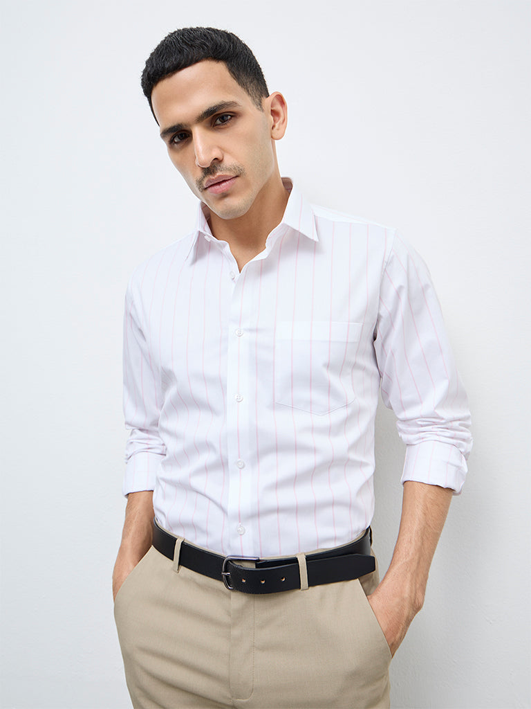 WES Formals Pink Striped Slim-Fit Cotton Shirt