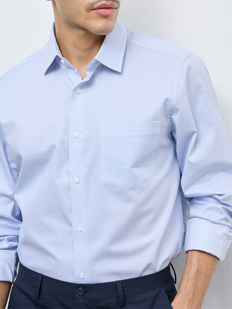 WES Formals Blue Checkered Slim-Fit Cotton Shirt