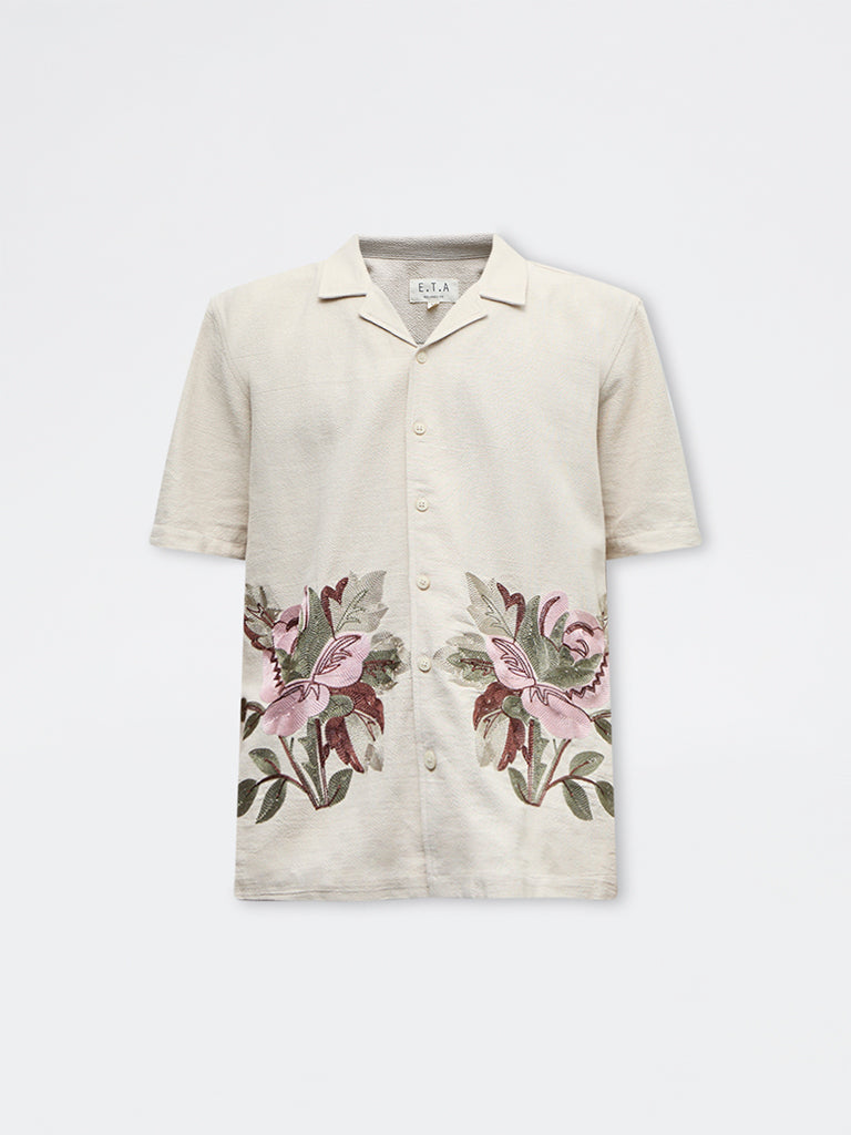 ETA Beige Floral Embroidered Relaxed-Fit Cotton Shirt