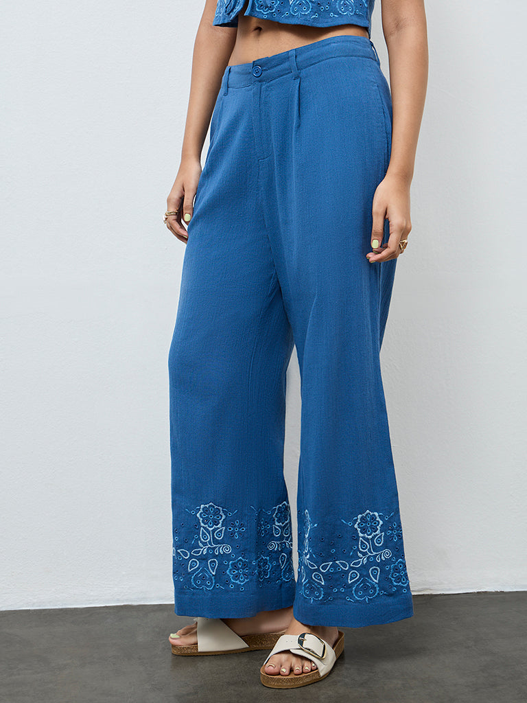 Bombay Paisley Blue Floral Embroidered Cotton Palazzos