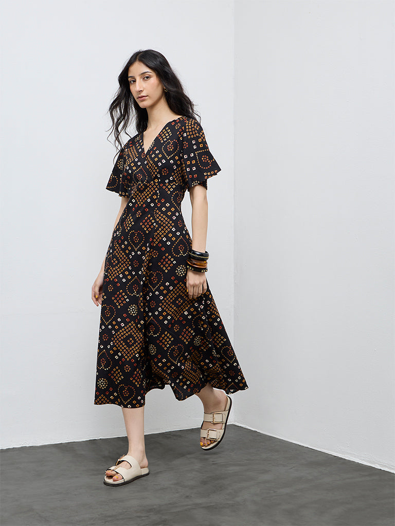 Bombay Paisley Black Printed Cotton A-Line Dress