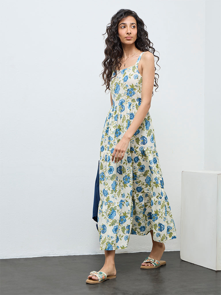 Bombay Paisley Blue Floral Cotton Tiered Dress with Jacket