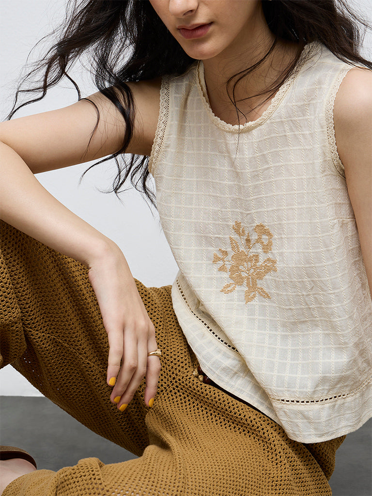 Bombay Paisley Off-White Floral Embroidered Cotton Top
