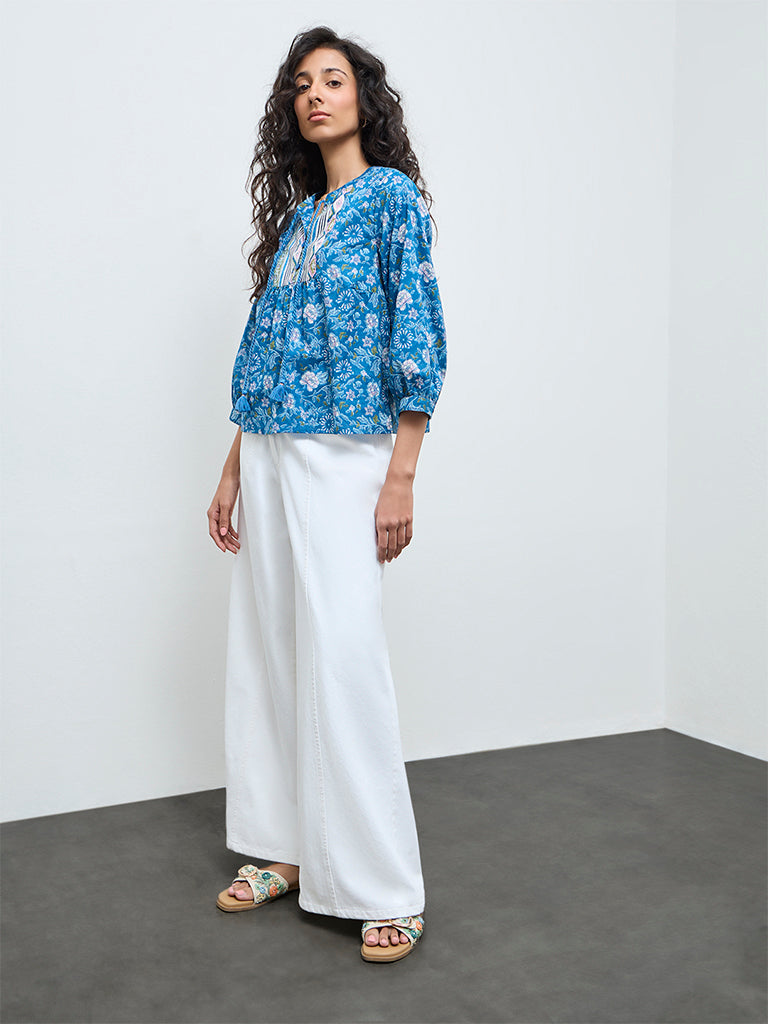 Bombay Paisley Blue Foliage Printed Cotton Top