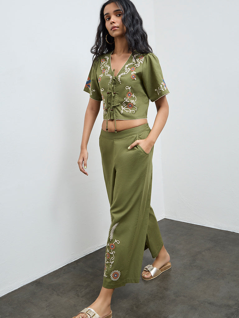 Bombay Paisley Green Floral Embroidered Cotton-Blend Top