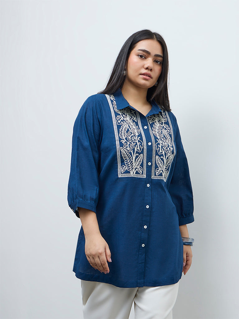 Diza Indigo Floral Embroidered Cotton Tunic