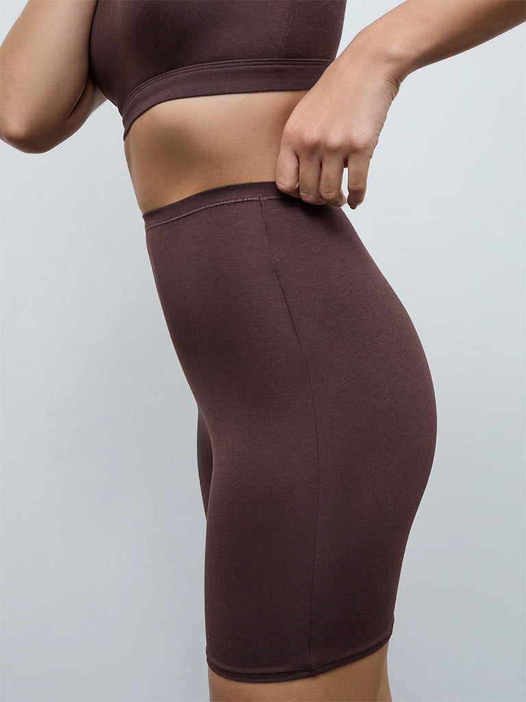 Wunderlove Dark Brown High-Rise Cotton-Blend Cycling Shorts