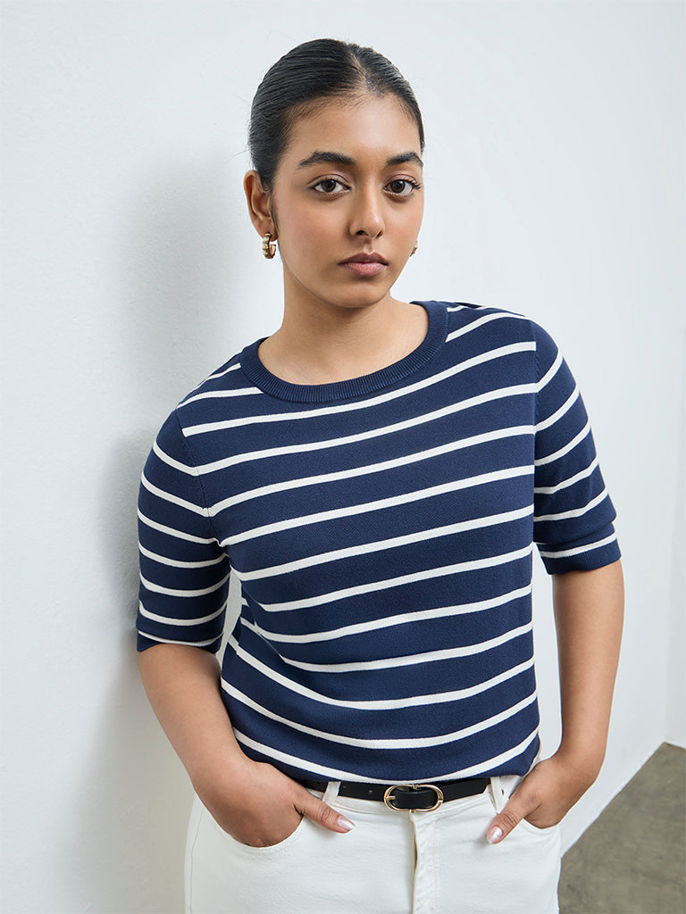 Gia Navy and Cream Striped Knit-Textured Sweater