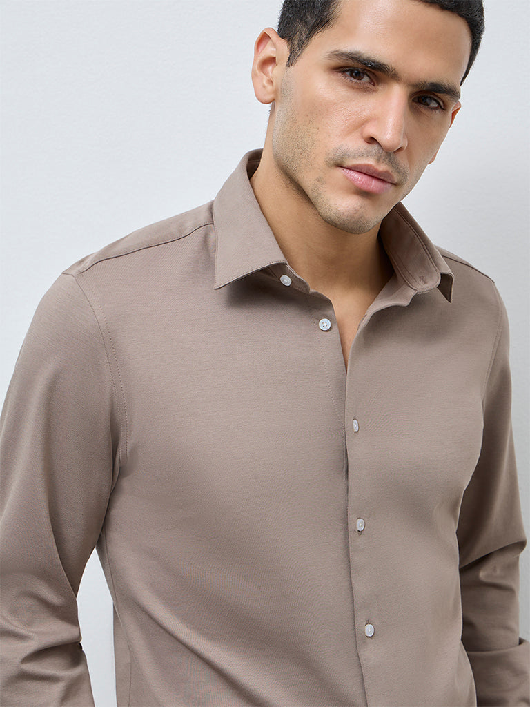 WES Formals Taupe Solid Slim-Fit Cotton-Blend Shirt