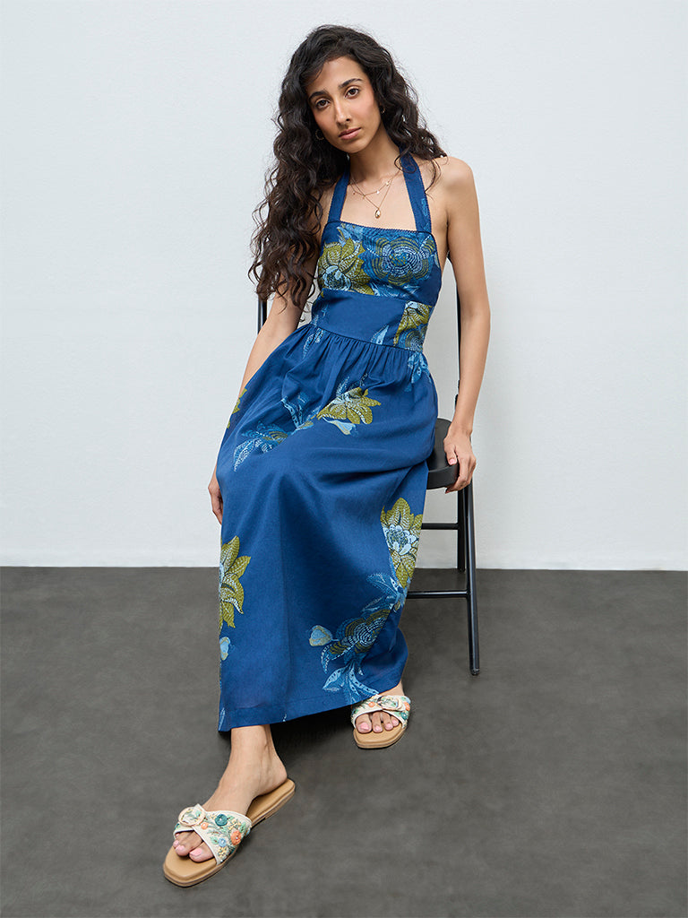 Bombay Paisley Dark Blue Floral Cotton A-Line Dress