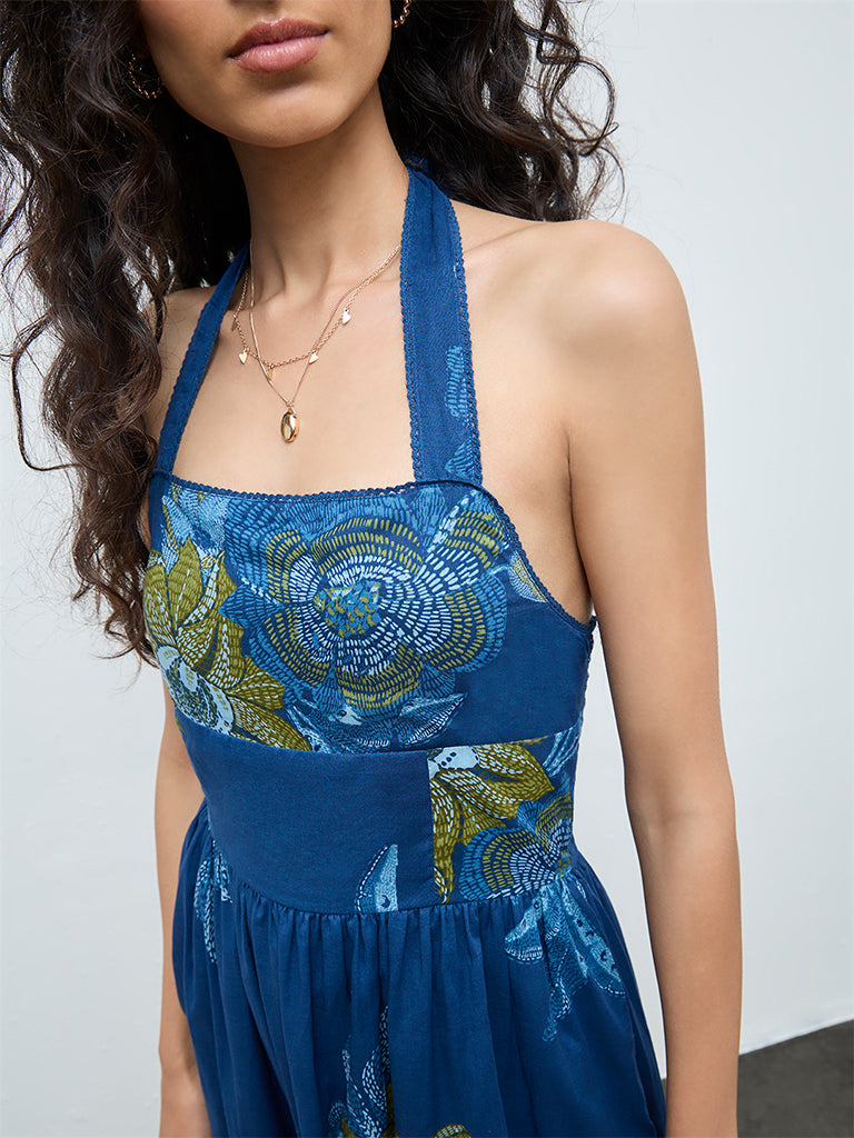 Bombay Paisley Dark Blue Floral Cotton A-Line Dress