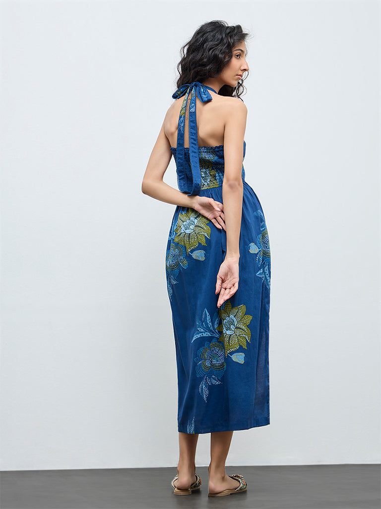 Bombay Paisley Dark Blue Floral Cotton A-Line Dress