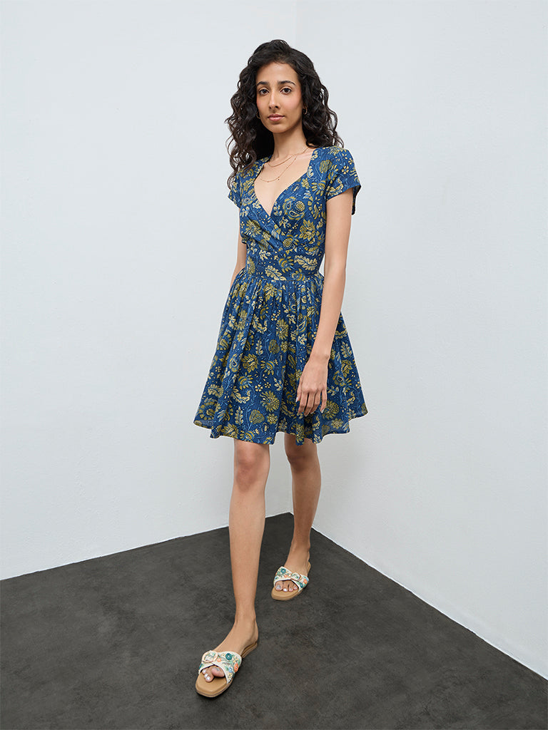 Bombay Paisley Dark Blue Floral Cotton A-Line Dress