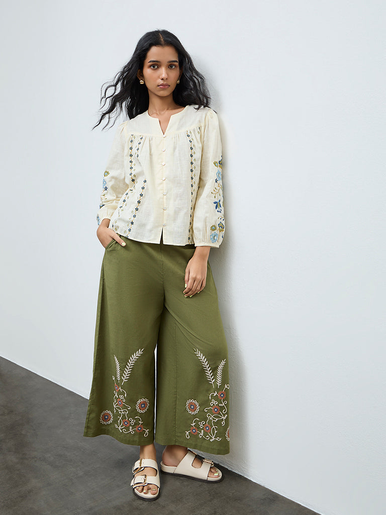 Bombay Paisley Cream Floral Embroidered Cotton Blouse