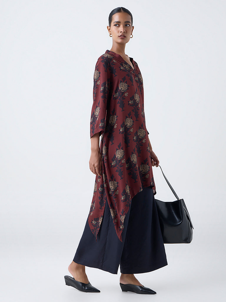 Zuba Brown Floral Pattern A-Line Kurta