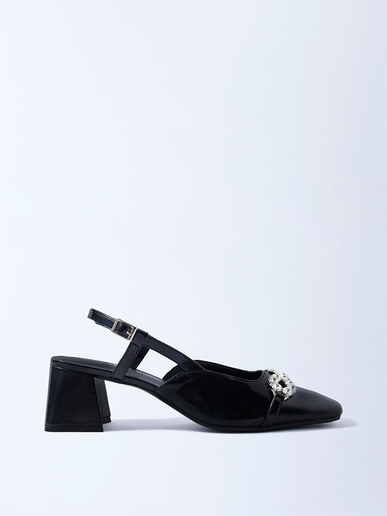 LUNA BLU Black Diamante Embellished Slingback Mules