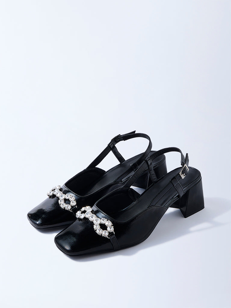 LUNA BLU Black Diamante Embellished Slingback Mules