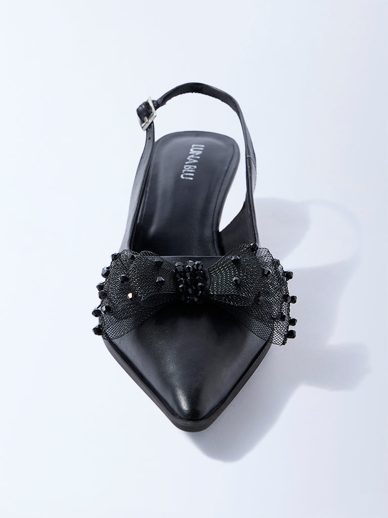 LUNA BLU Black Bow-Detailed Slingback Mules