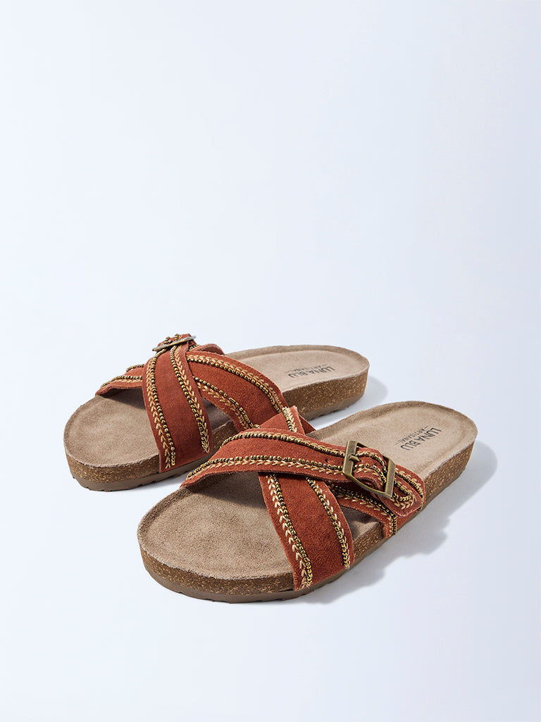 LUNA BLU Rust Criss-Cross Suede Leather Sandals