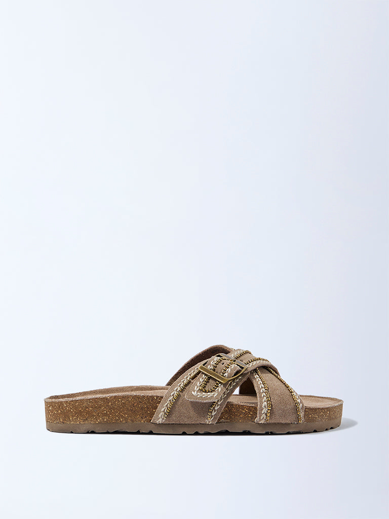LUNA BLU Taupe Criss-Cross Suede Leather Sandals