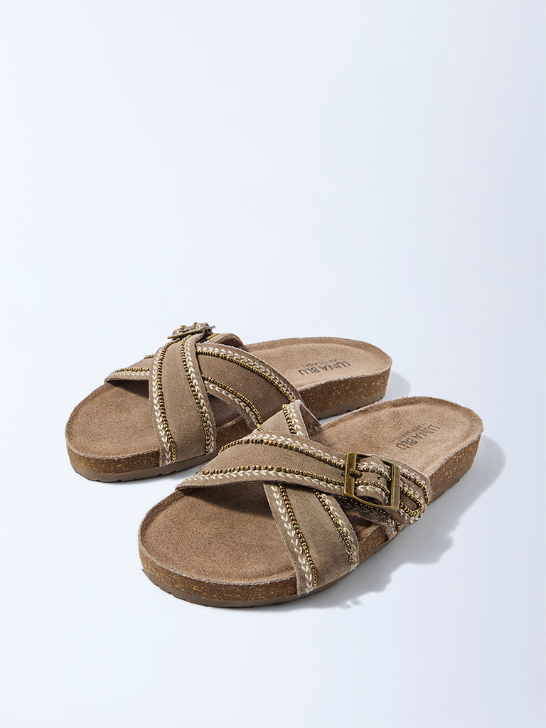 LUNA BLU Taupe Criss-Cross Suede Leather Sandals